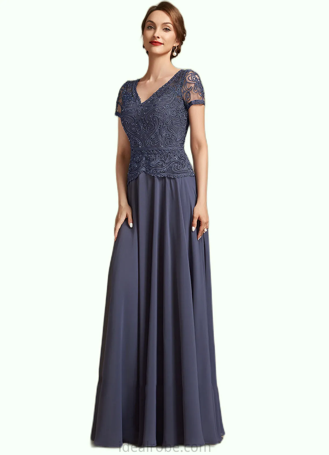 Samara A-Line V-neck Floor-Length Chiffon Lace Mother of the Bride Dress With Sequins STK126P0014964