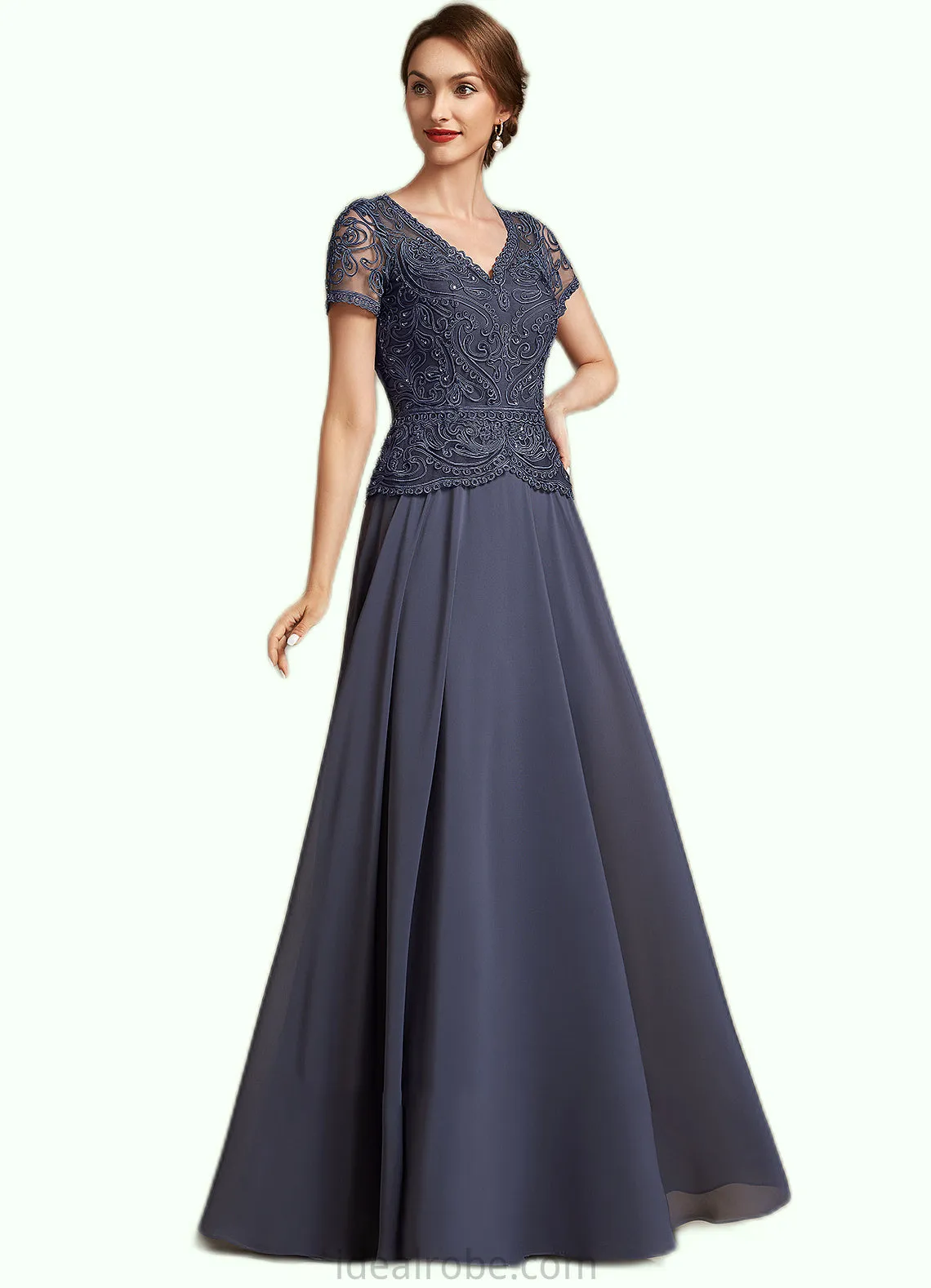 Samara A-Line V-neck Floor-Length Chiffon Lace Mother of the Bride Dress With Sequins STK126P0014964