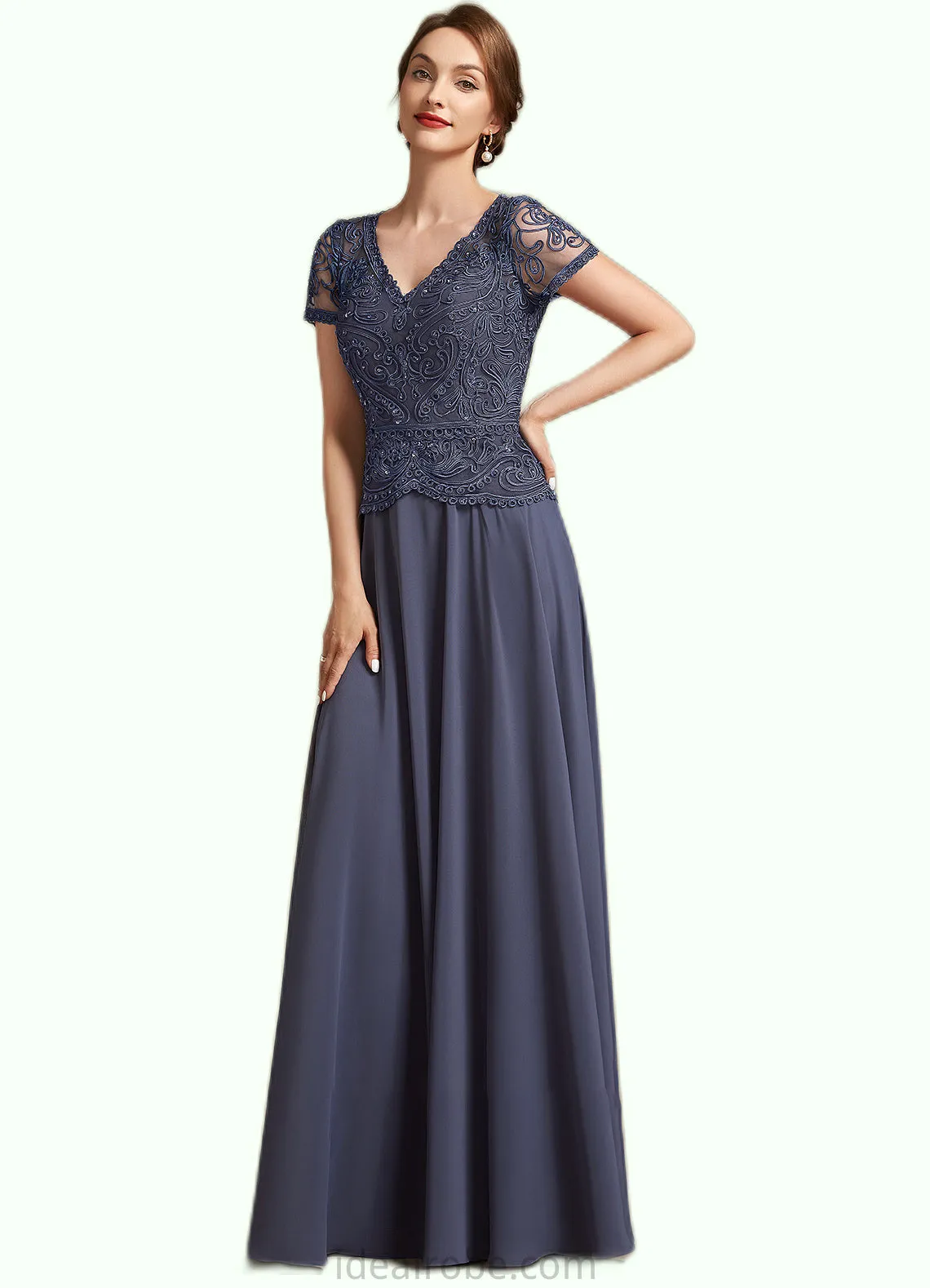 Samara A-Line V-neck Floor-Length Chiffon Lace Mother of the Bride Dress With Sequins STK126P0014964