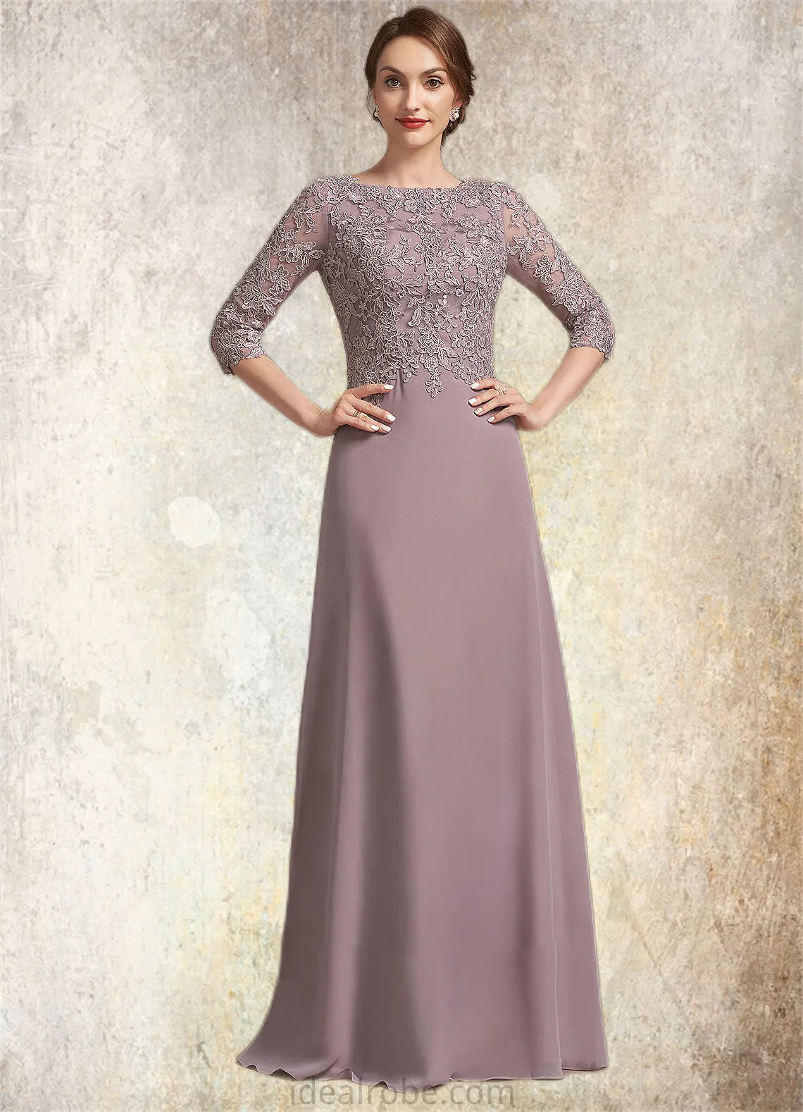 Scarlett A-Line Scoop Neck Floor-Length Chiffon Lace Mother of the Bride Dress STK126P0014788