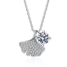 Silver Sparkling Diamond Ginkgo Biloba Moissanite Necklace