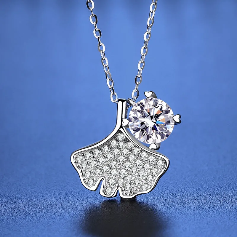 Silver Sparkling Diamond Ginkgo Biloba Moissanite Necklace