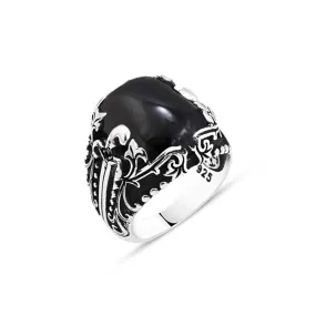 Square Black Onyx Stone Silver Men's Ring with Sword Pattern