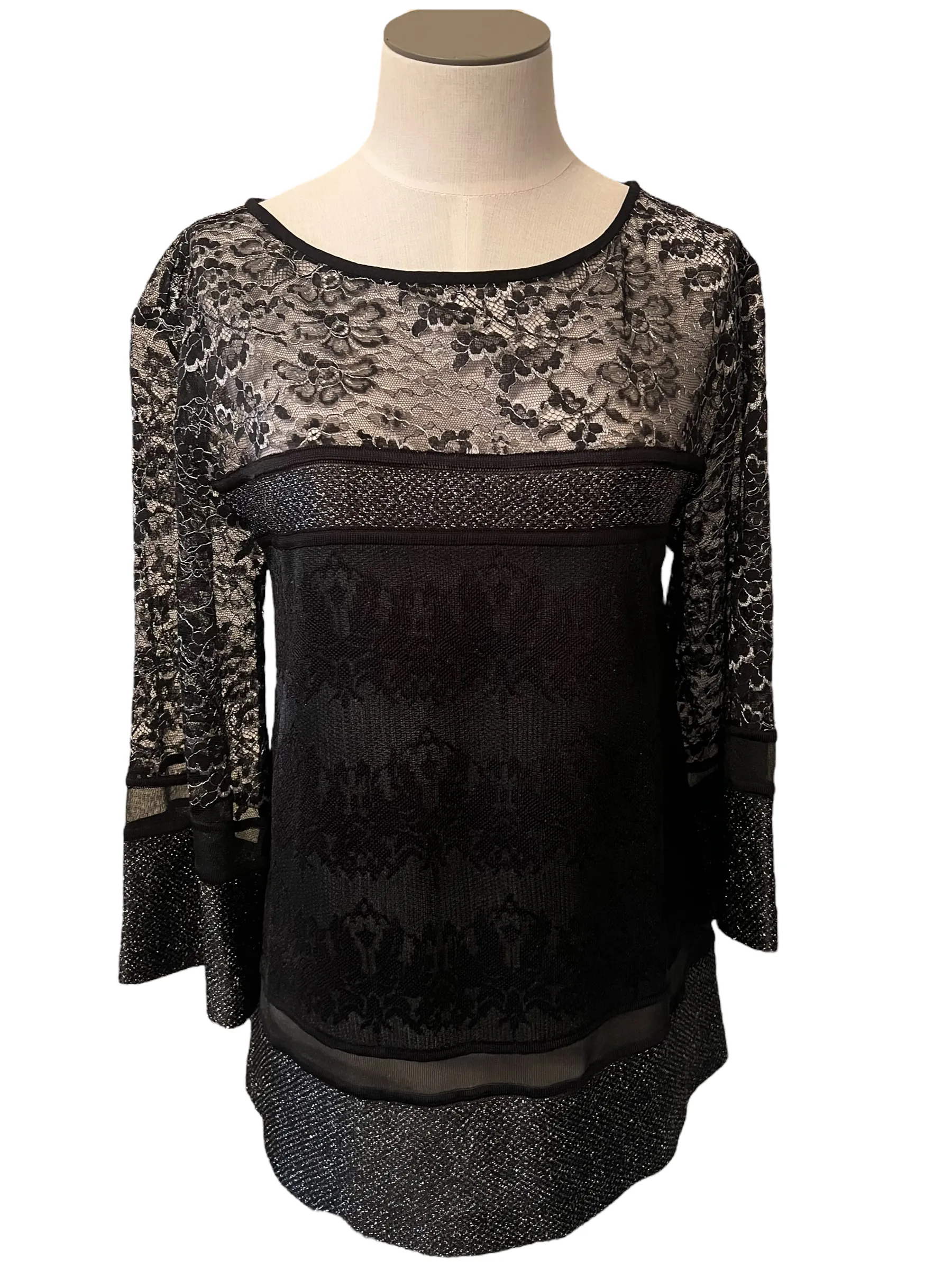 St. John Black Lace Metallic Sheer Size P Top