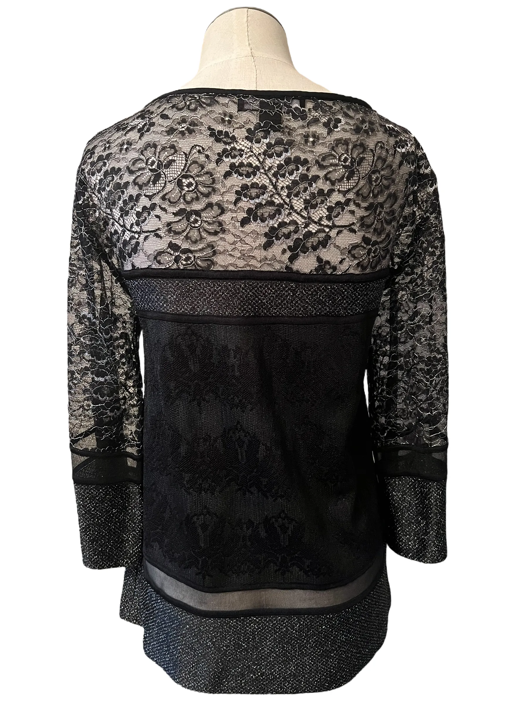 St. John Black Lace Metallic Sheer Size P Top