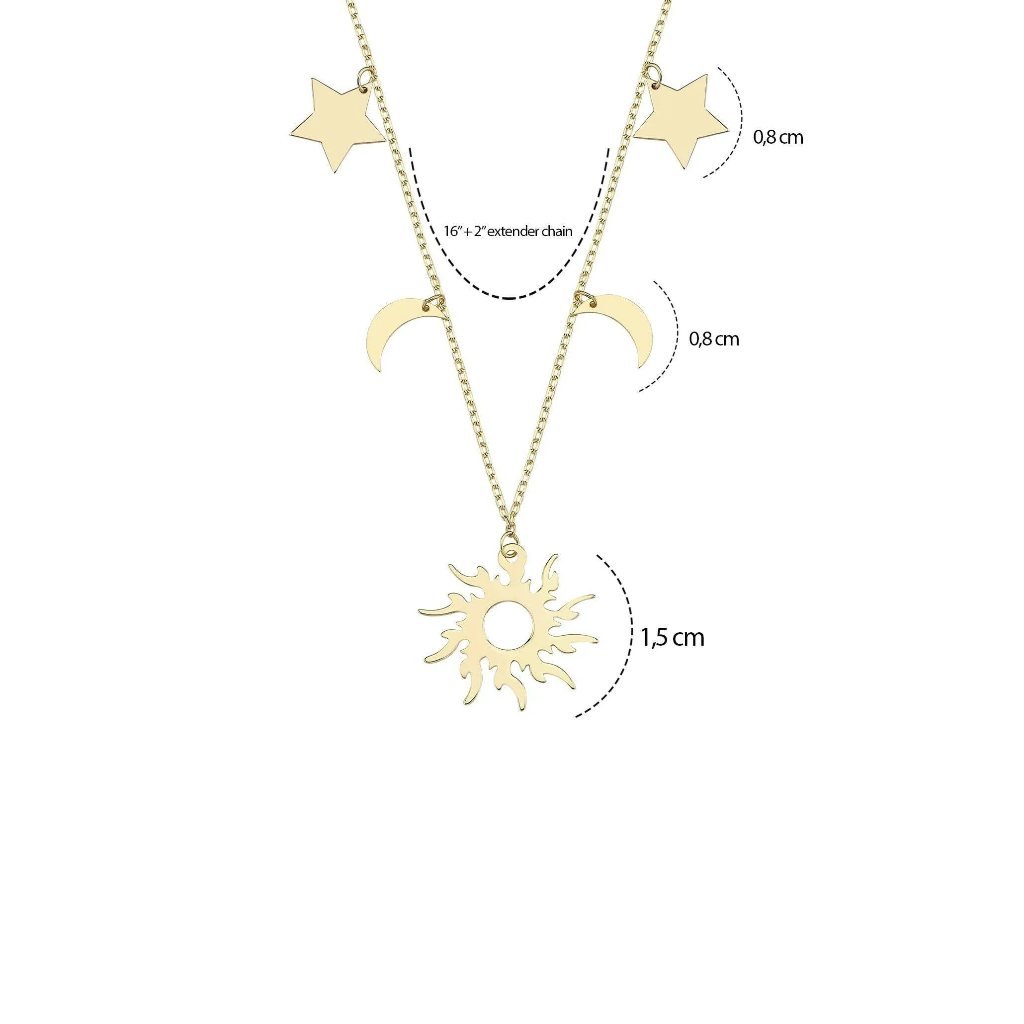 Sun Moon and Stars Necklace | 14K Solid Gold