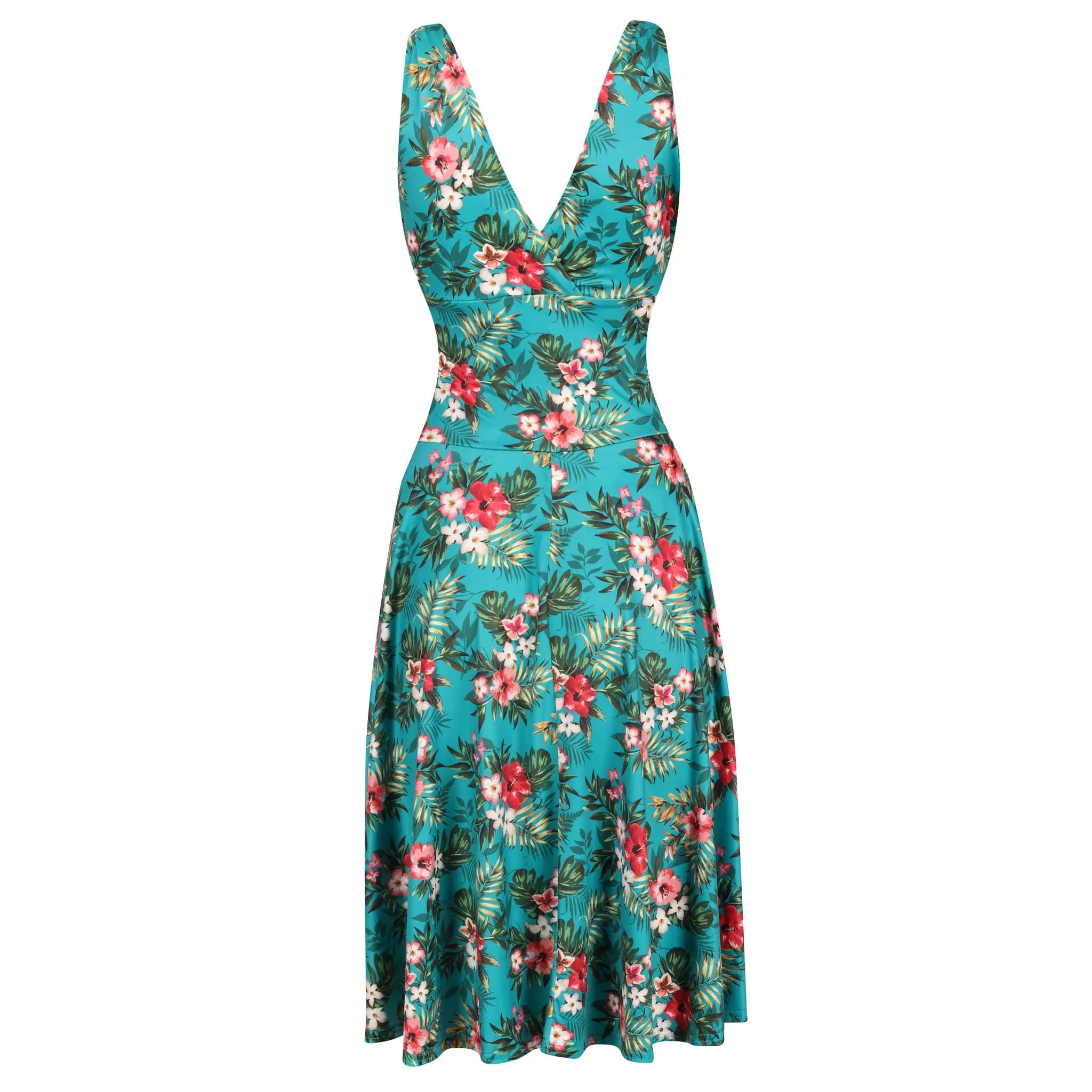 Teal Blue Floral Print Grecian V Neck 50s Swing Dress