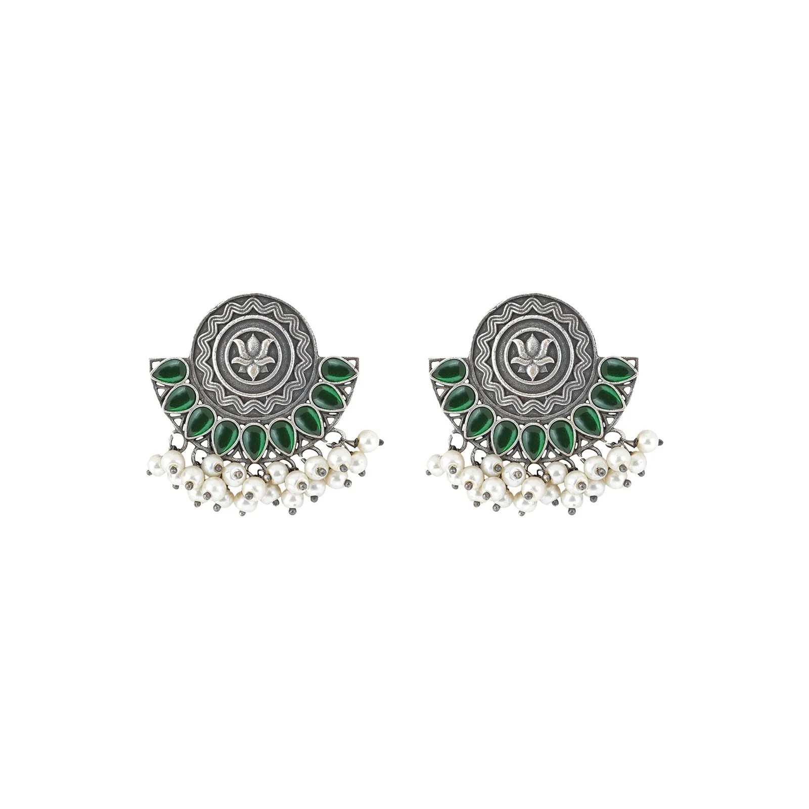 Teejh Hardika Green Stone Silver Oxidised Earrings