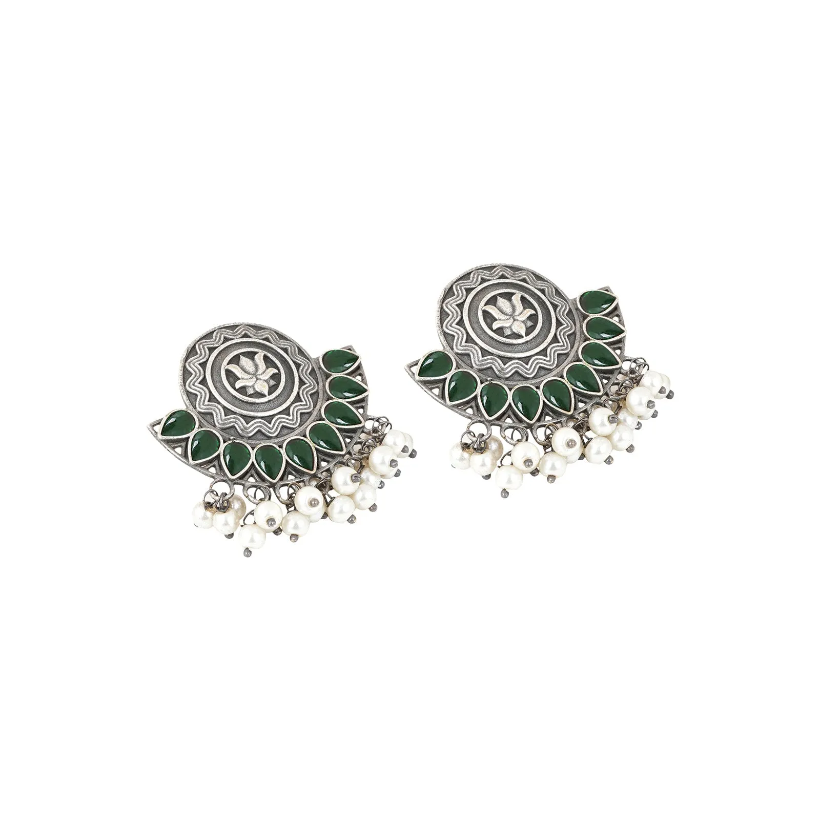 Teejh Hardika Green Stone Silver Oxidised Earrings