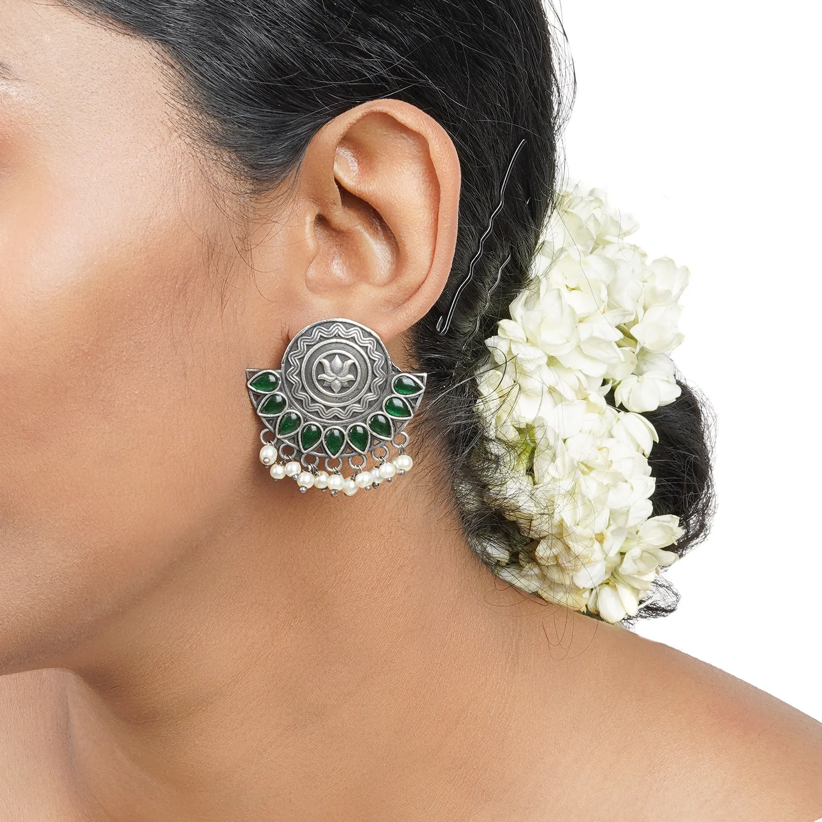 Teejh Hardika Green Stone Silver Oxidised Earrings