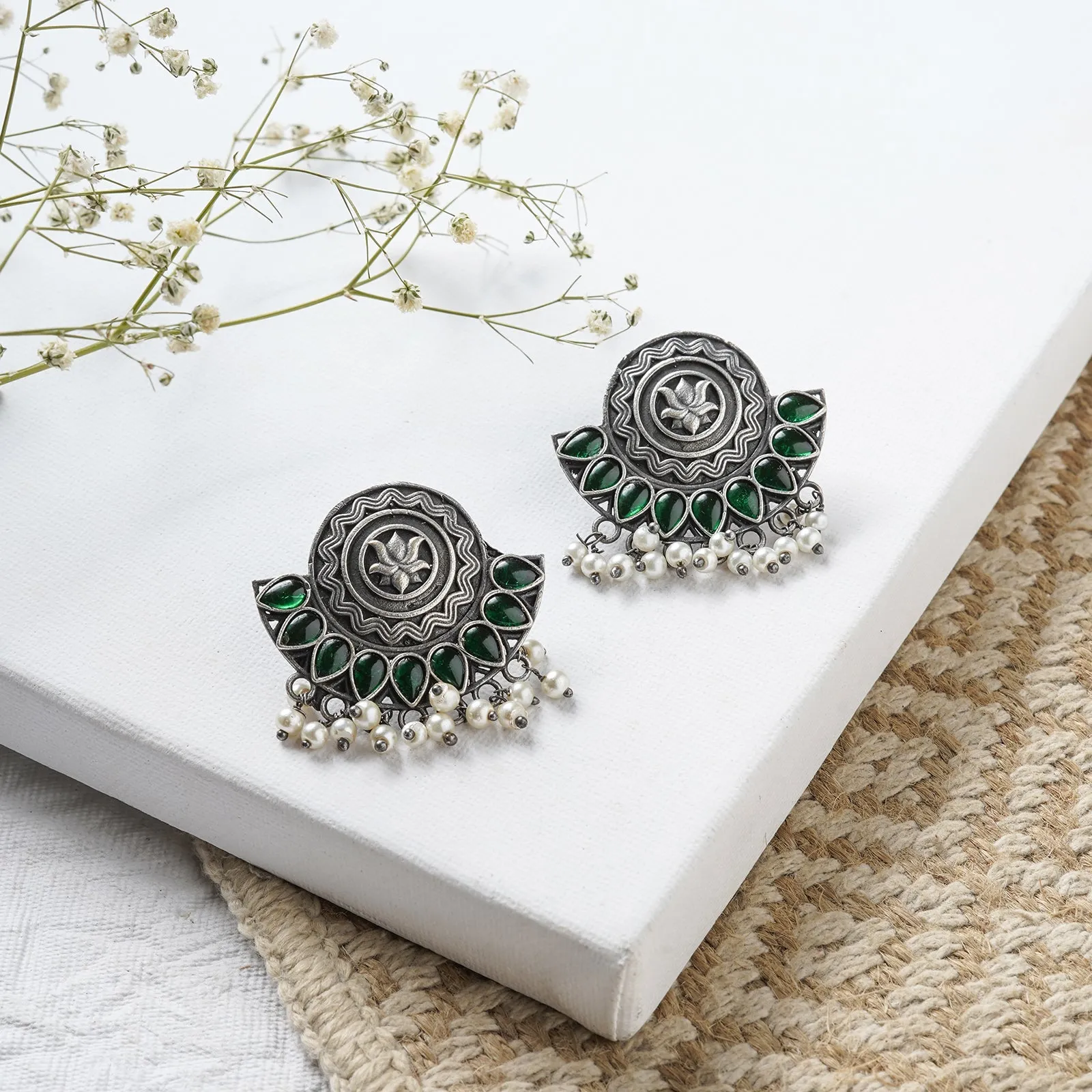 Teejh Hardika Green Stone Silver Oxidised Earrings