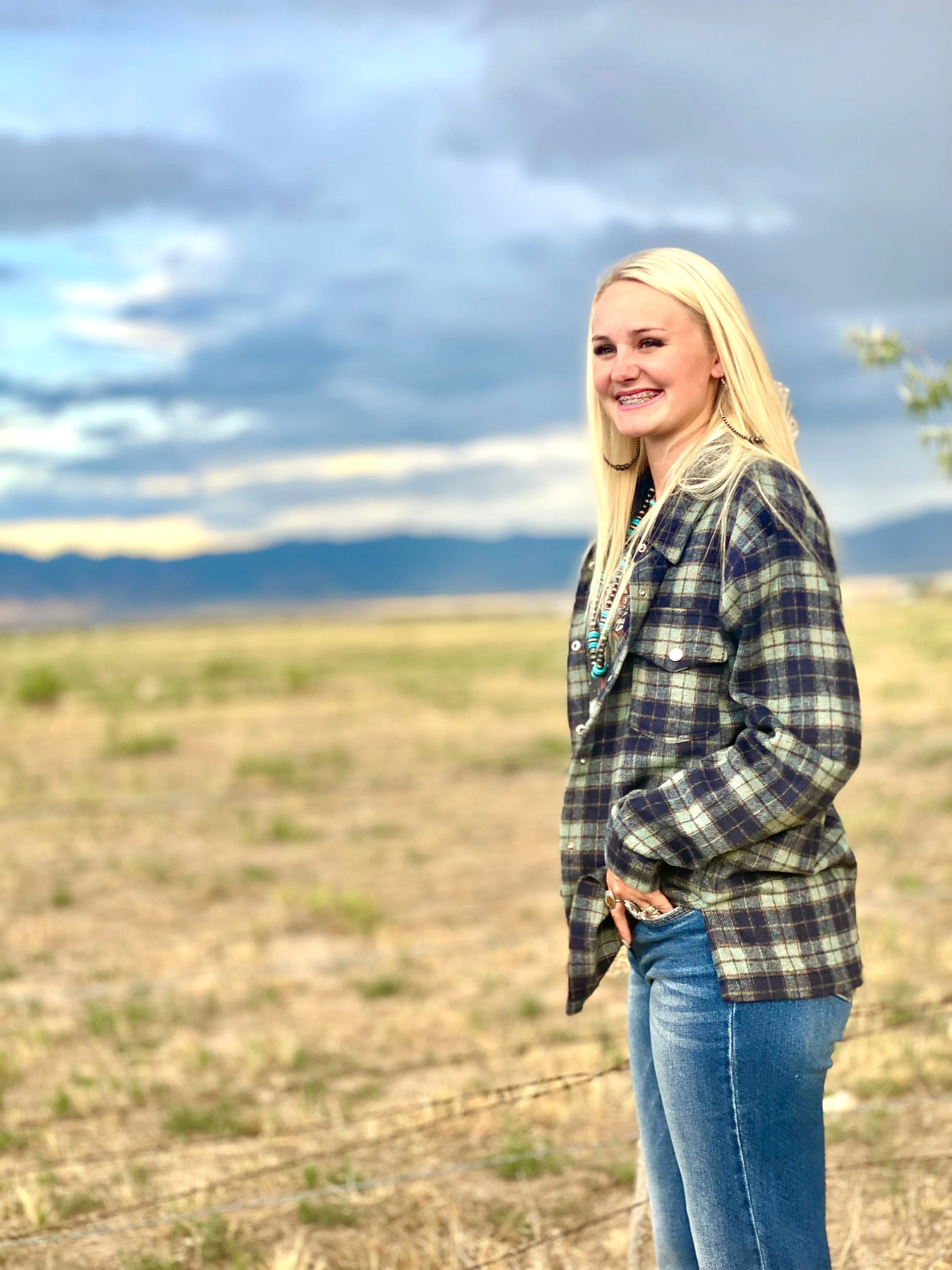 The Eureka Navy & Turquoise Plaid Shacket Curvy Sizes Only