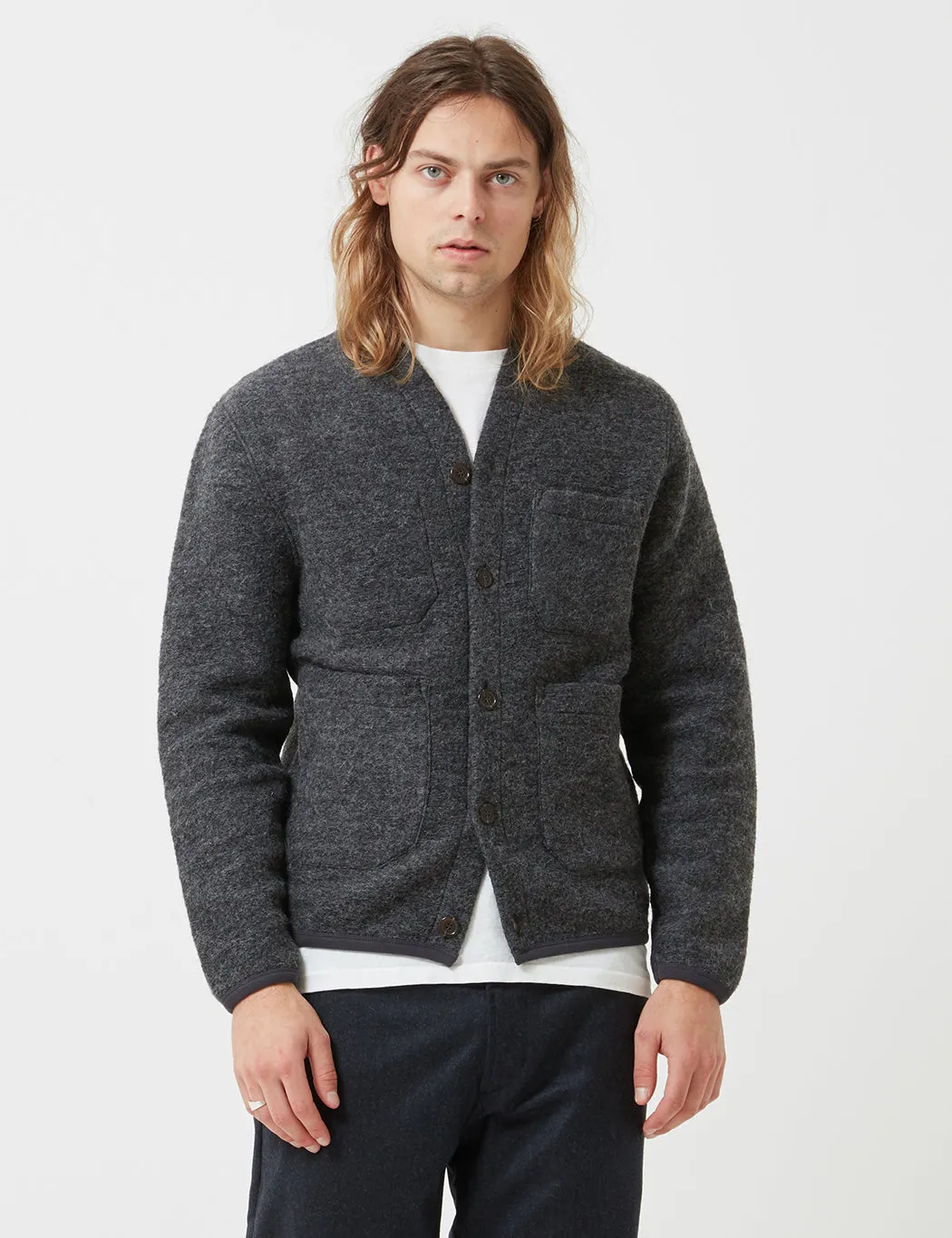 Universal Works Cardigan (Wool Fleece) - Charcoal Grey