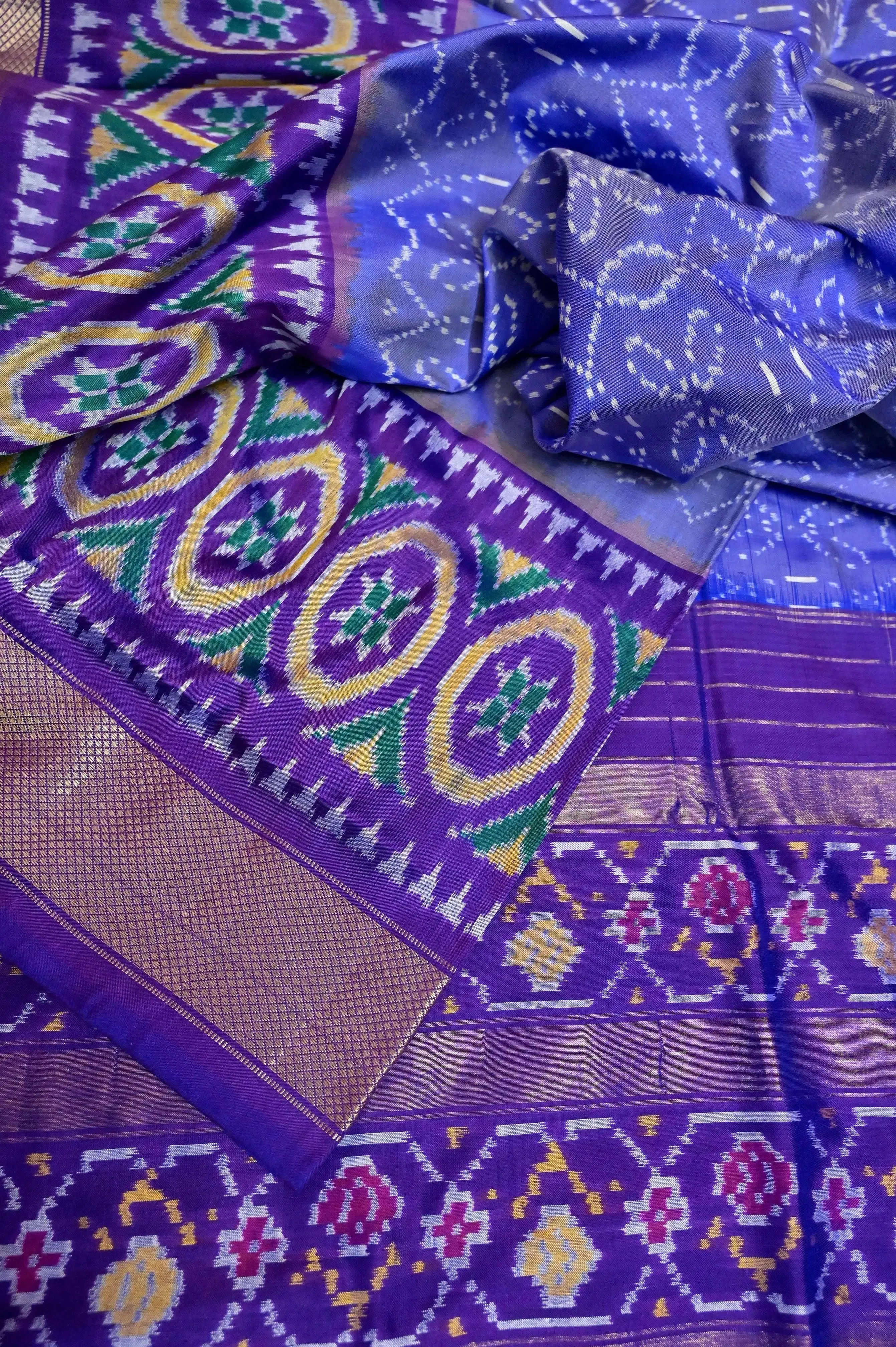 Violet and Mauve Color Pure Twill Ikat Patola Silk Saree with Broad Broder