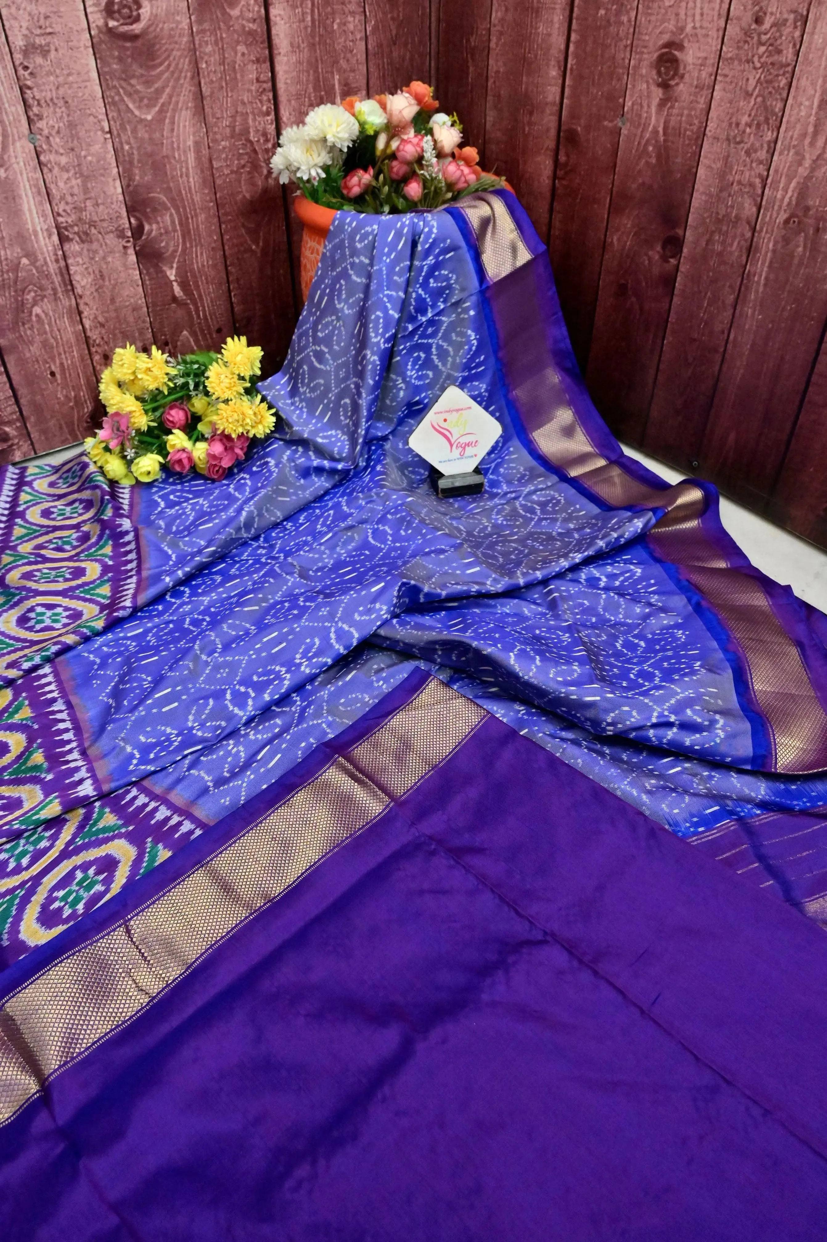 Violet and Mauve Color Pure Twill Ikat Patola Silk Saree with Broad Broder