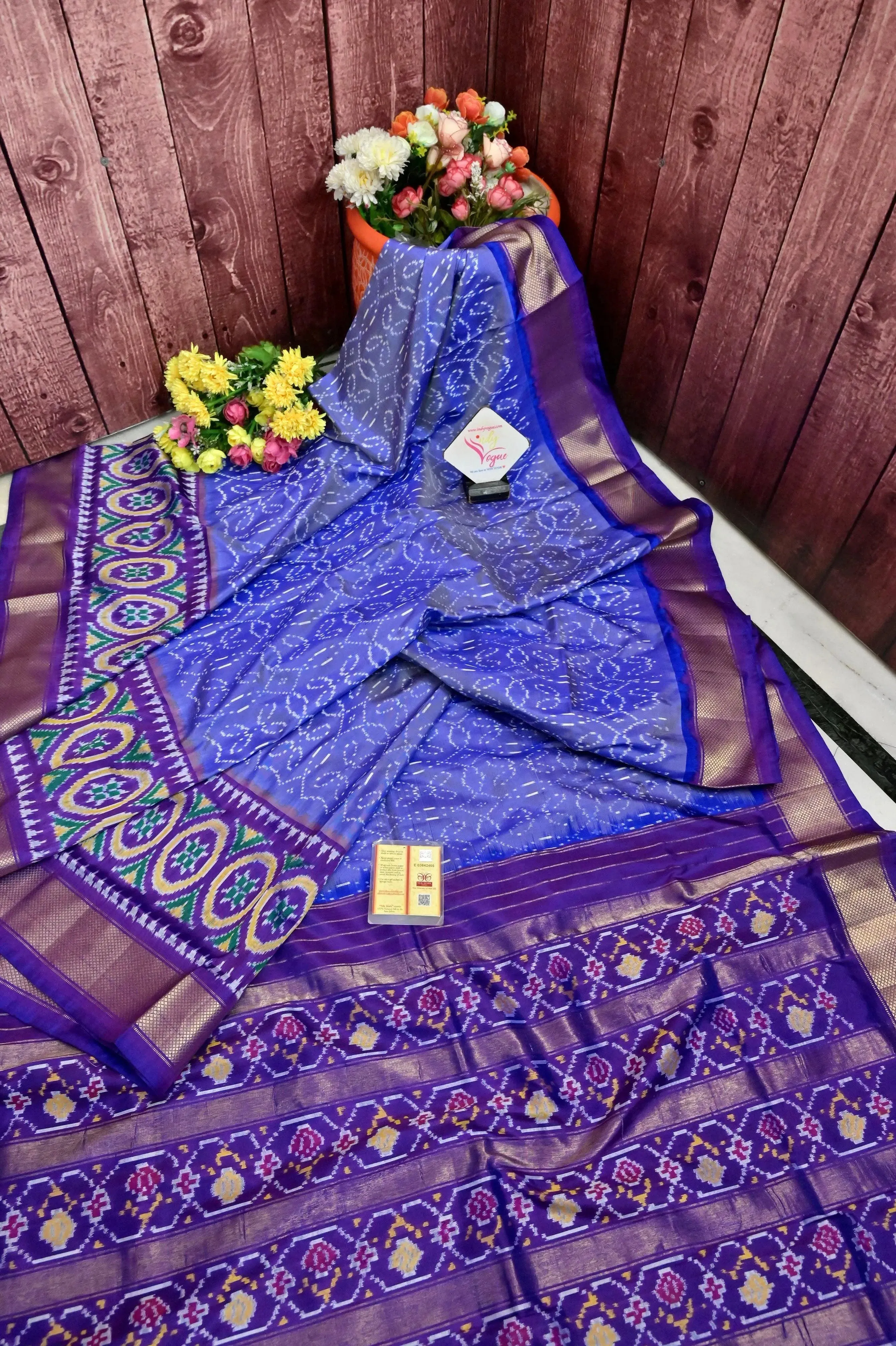 Violet and Mauve Color Pure Twill Ikat Patola Silk Saree with Broad Broder