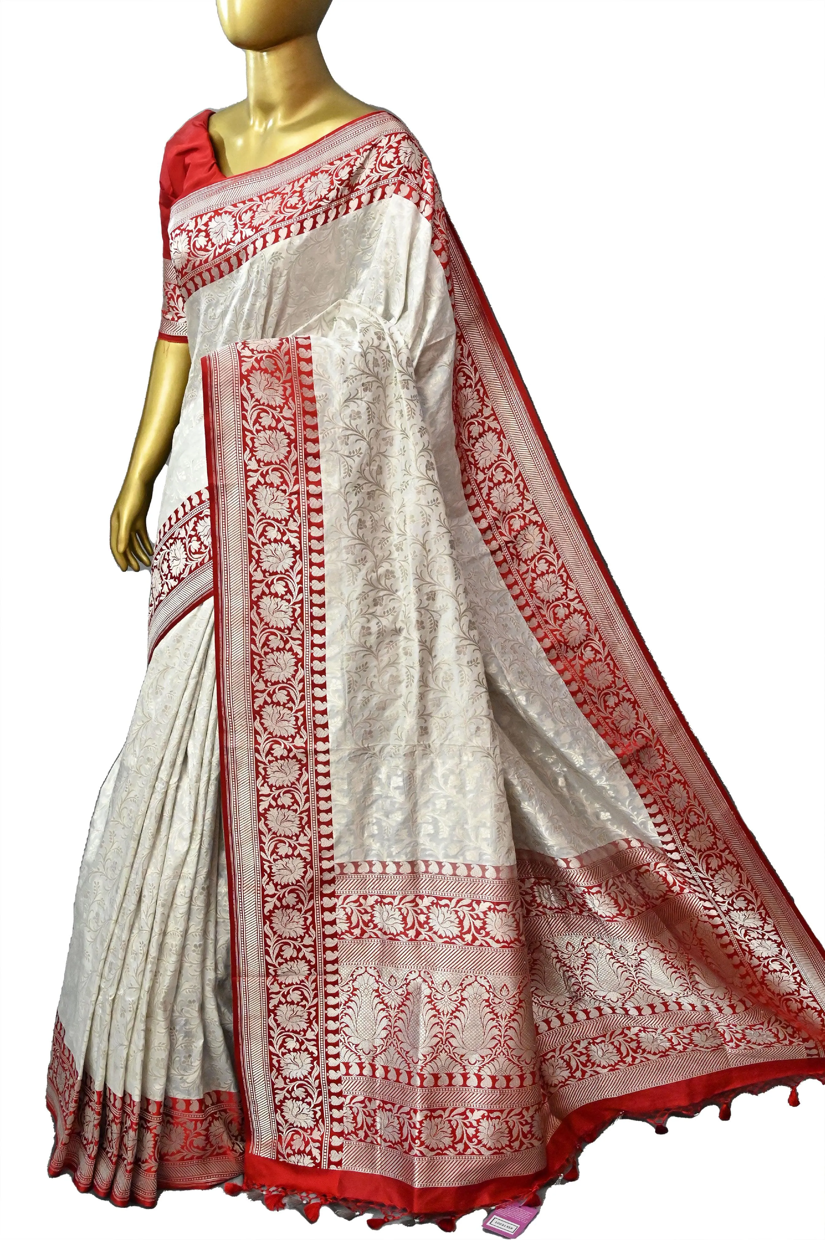 White and Red Color Pure Katan Banarasi Saree with Allover Jaali Zari Work in Silver