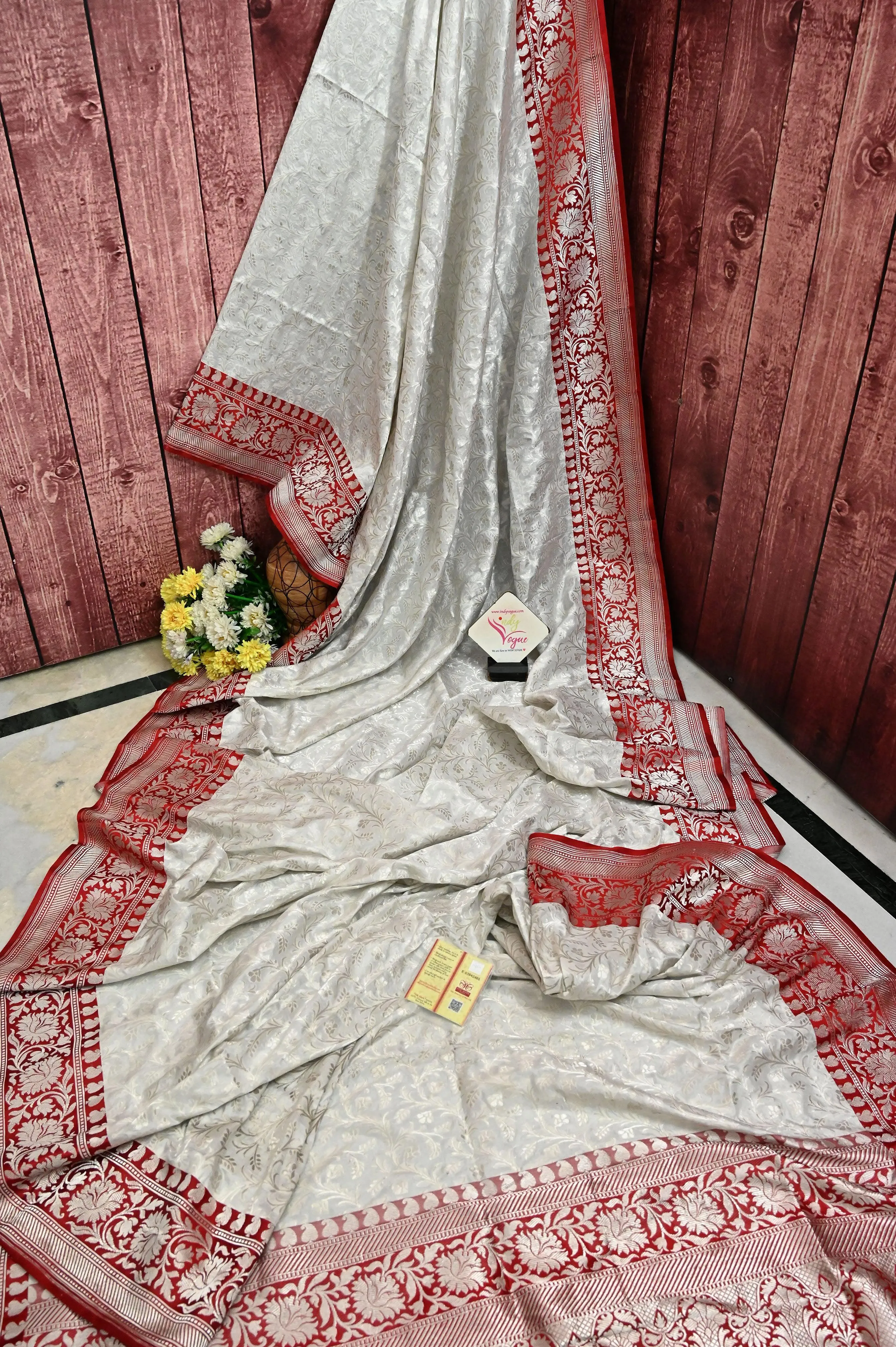 White and Red Color Pure Katan Banarasi Saree with Allover Jaali Zari Work in Silver