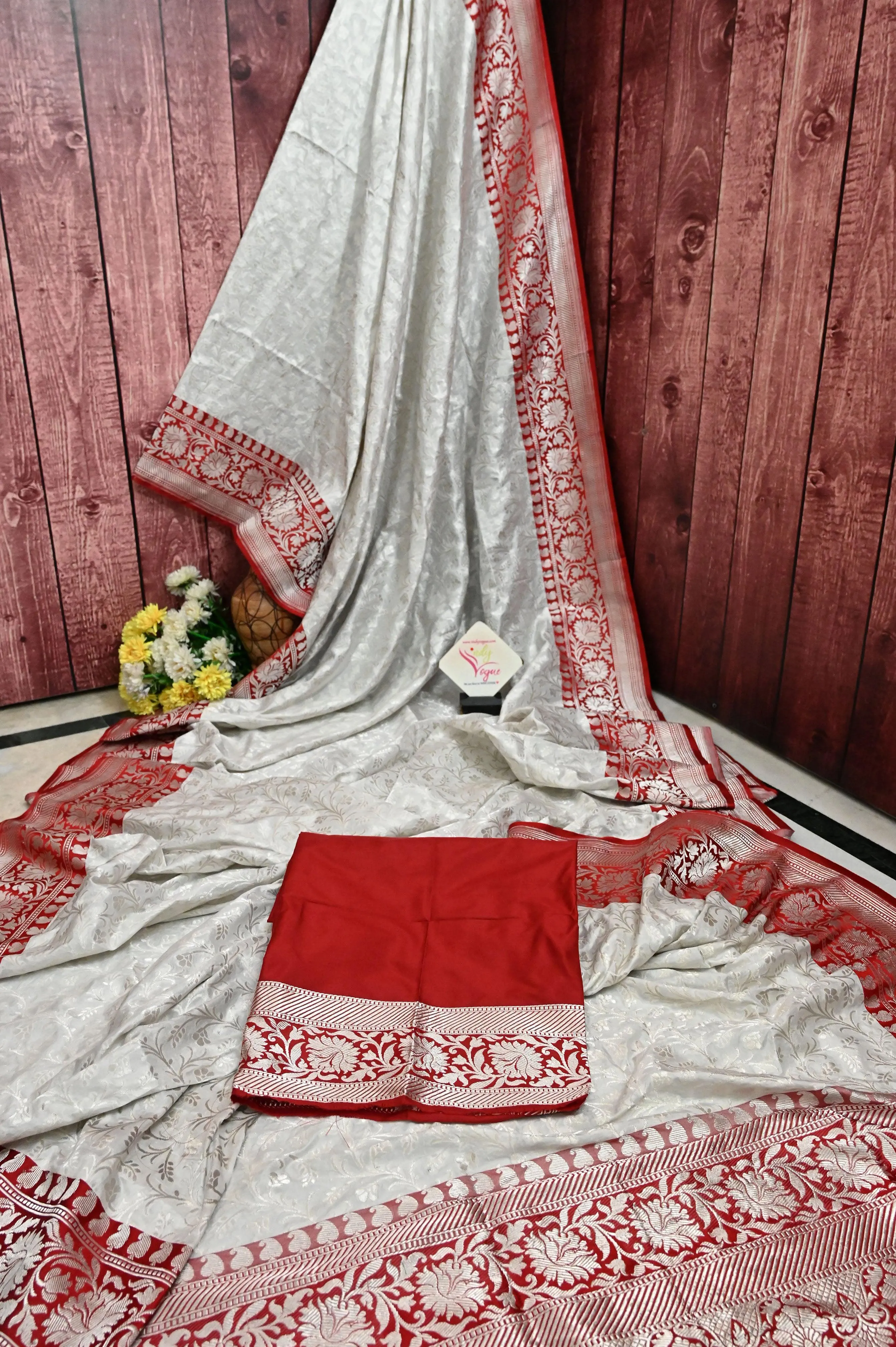 White and Red Color Pure Katan Banarasi Saree with Allover Jaali Zari Work in Silver