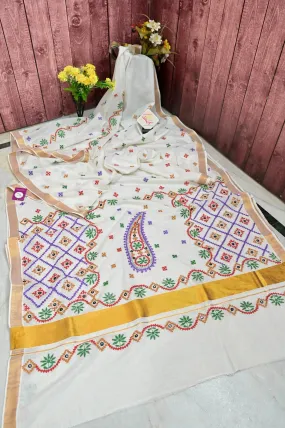 White Color Kerala Cotton Saree with Hand Gujrati Embroidery and Patli Pallu