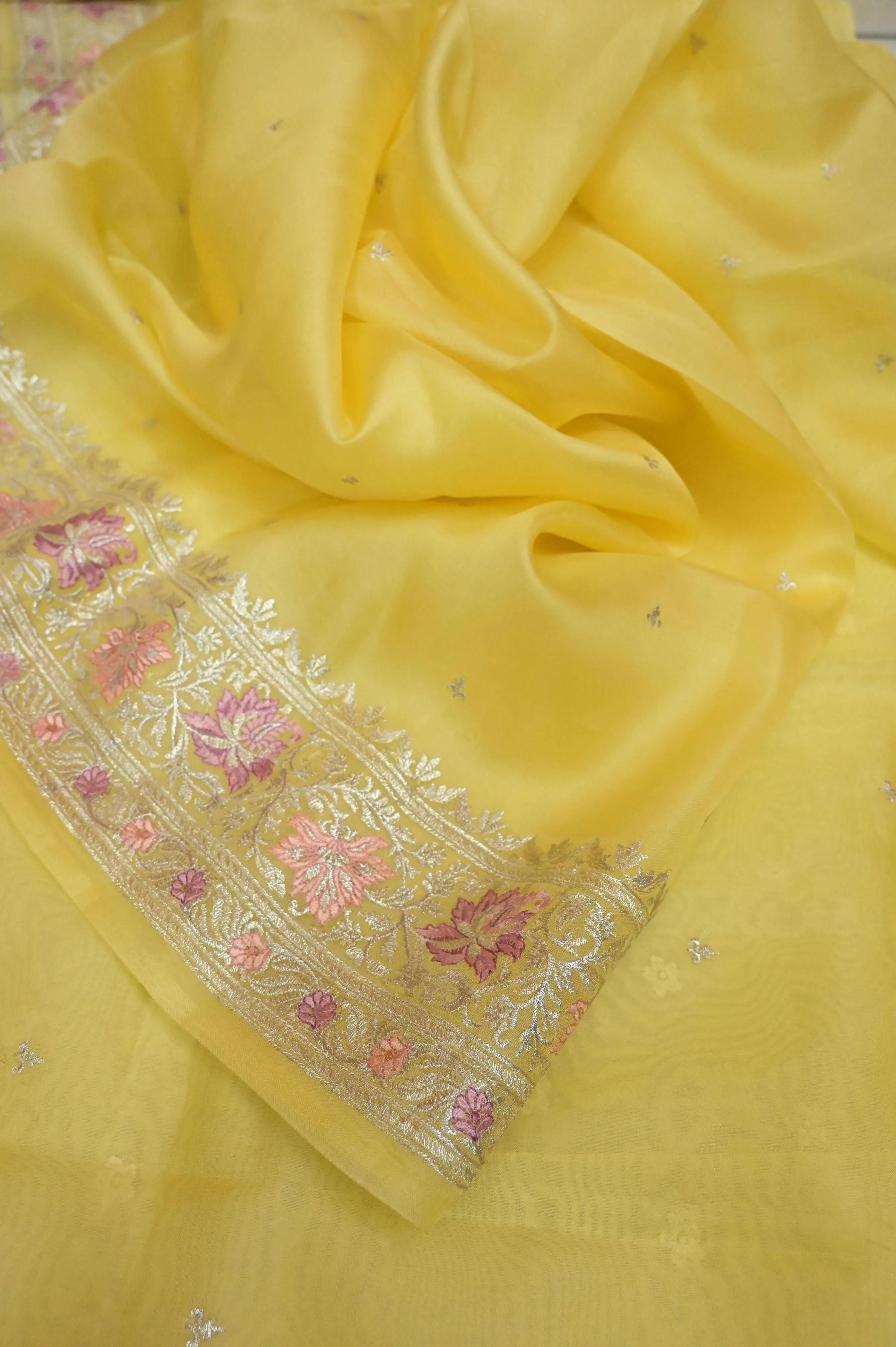 Yellow Color Kora Organza with Silver Zari Meenakari Embroidery and Silver Buti Work