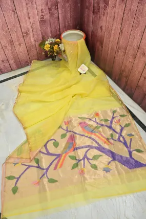 Yellow Color Muslin Saree with Sequin Work and Paithani Design Pallu