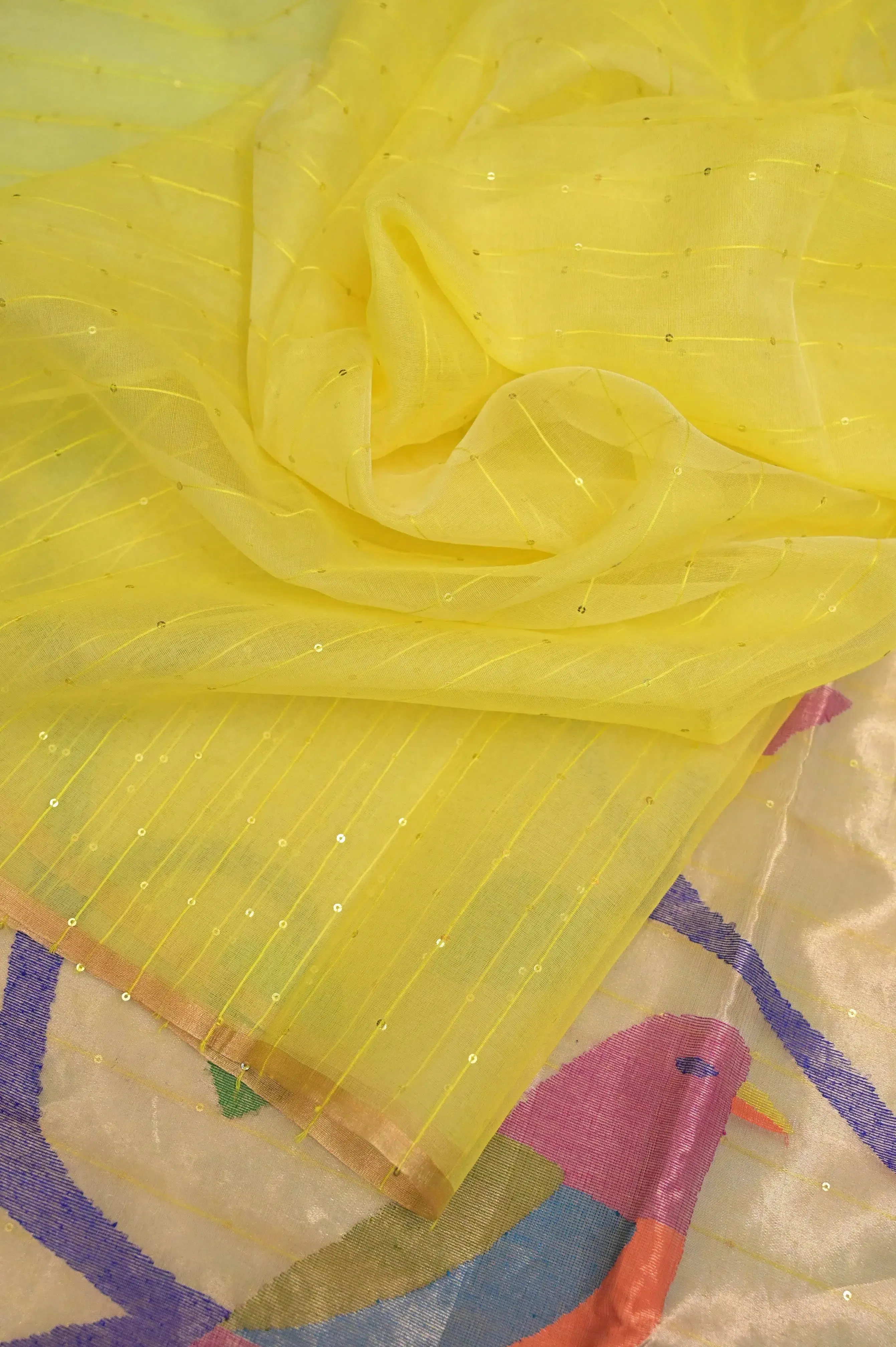 Yellow Color Muslin Saree with Sequin Work and Paithani Design Pallu