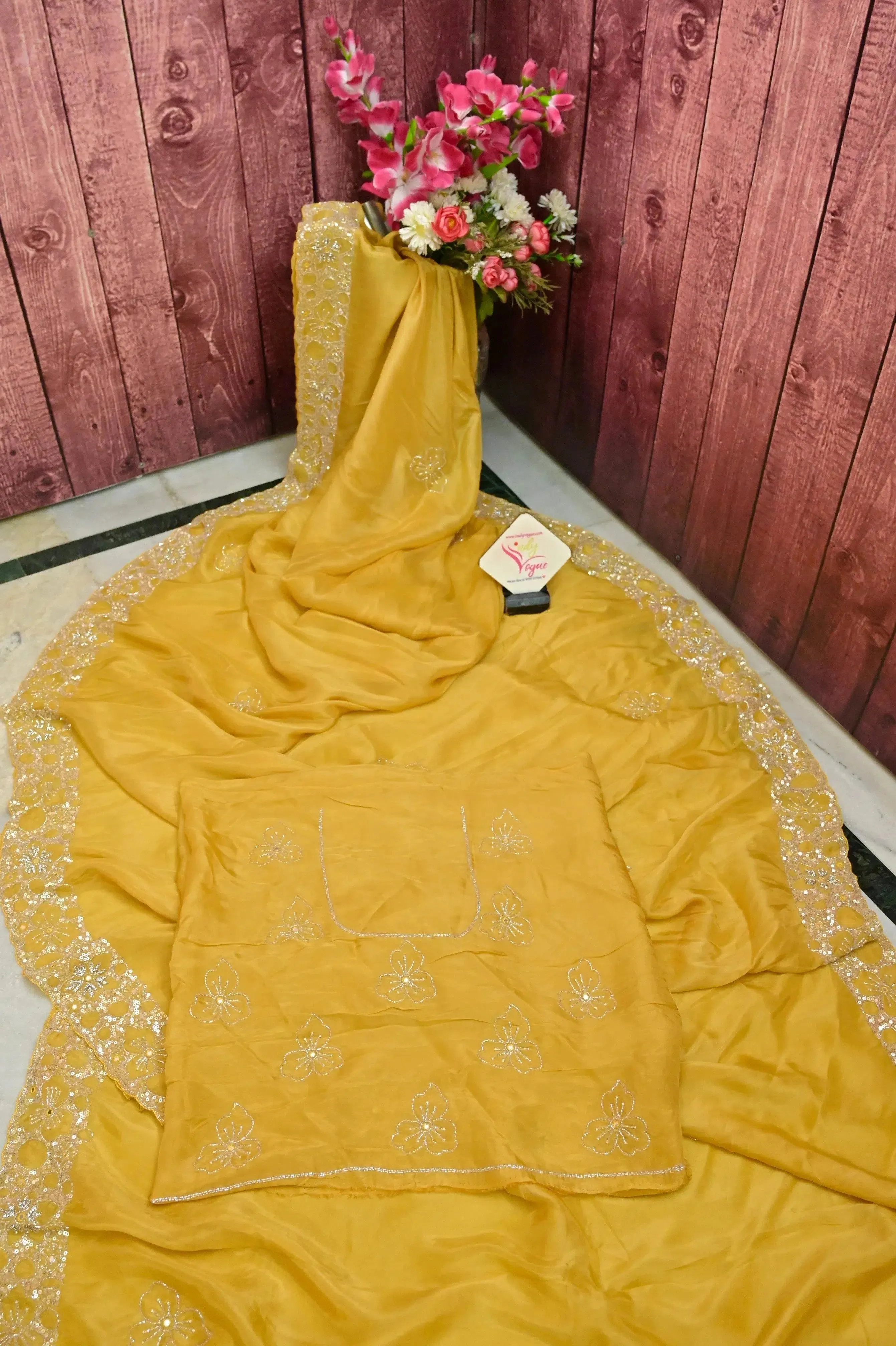 Yellow Ochre Color Echo Silk Saree with Hand Sequin Work and Mirror Embroidery