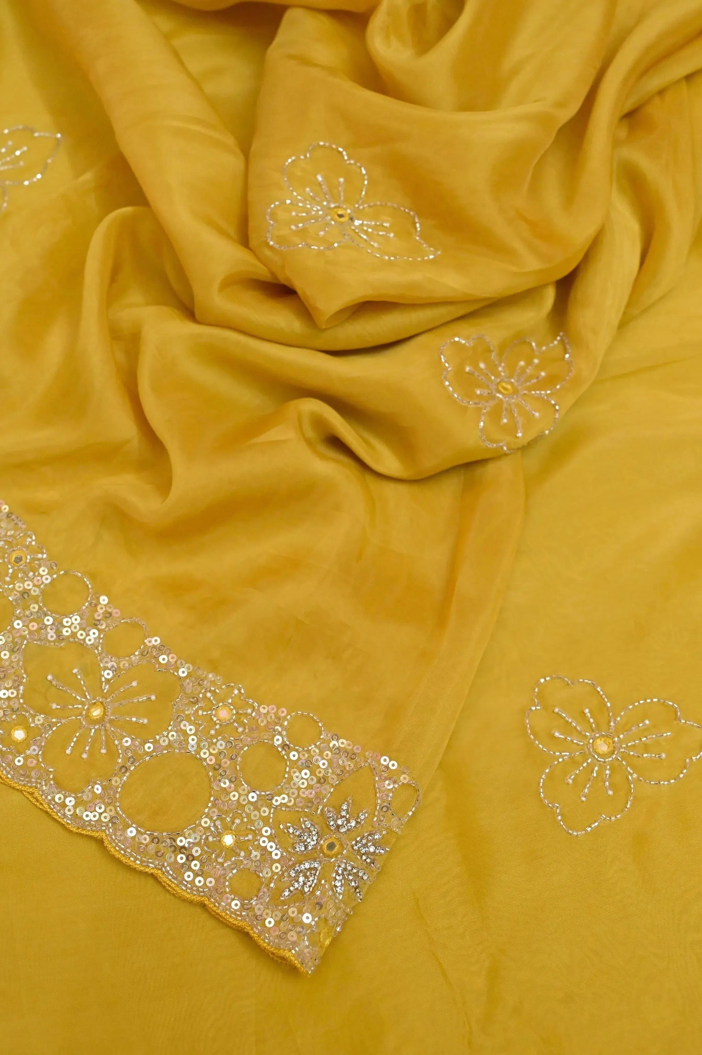 Yellow Ochre Color Echo Silk Saree with Hand Sequin Work and Mirror Embroidery