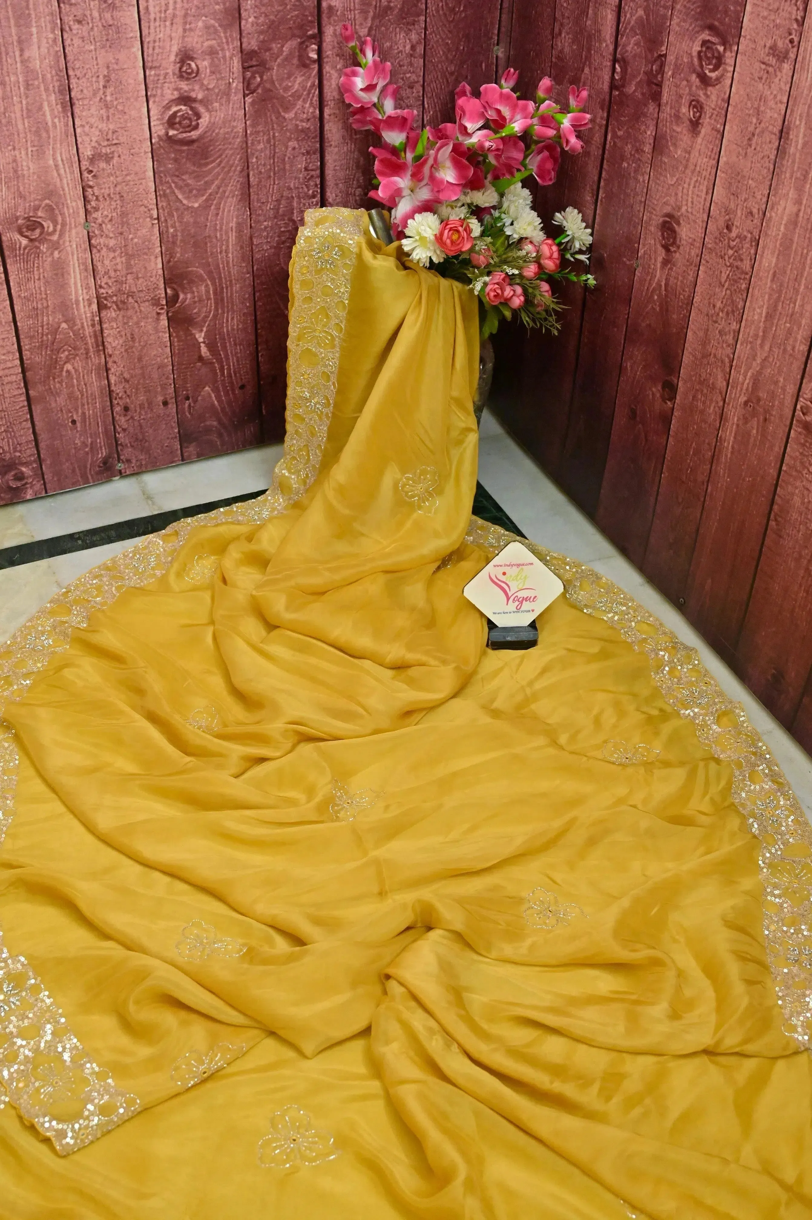 Yellow Ochre Color Echo Silk Saree with Hand Sequin Work and Mirror Embroidery