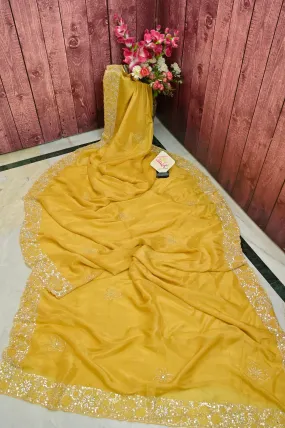 Yellow Ochre Color Echo Silk Saree with Hand Sequin Work and Mirror Embroidery