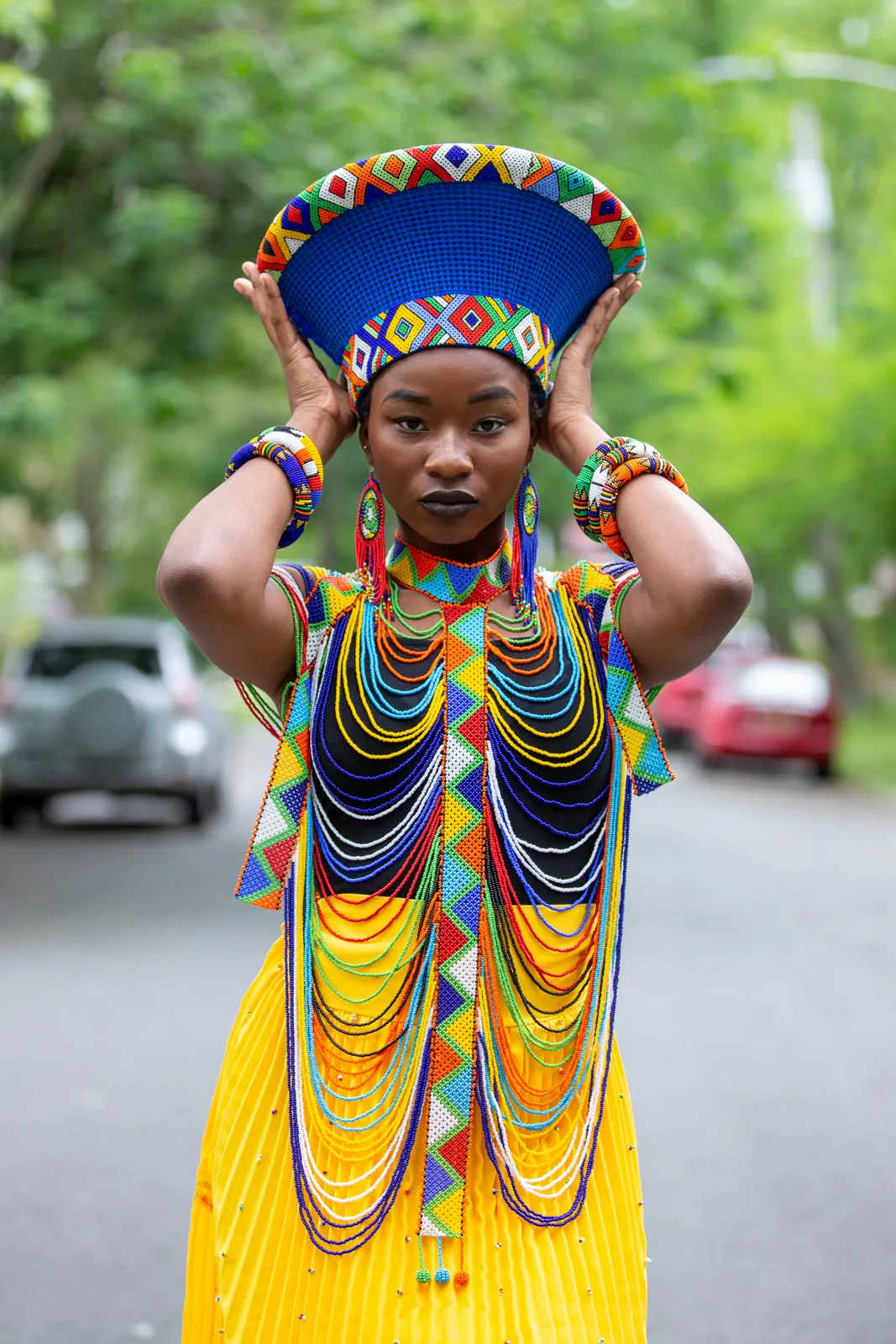 Zulu Wide Basket Hat - Blue with Beaded Band | Handmade in South Africa